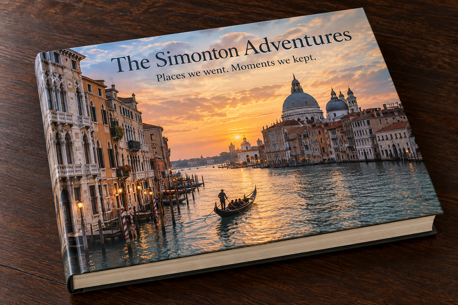 Premium coffee table book with a Venice photograph and The Simonton Adventures title on its cover