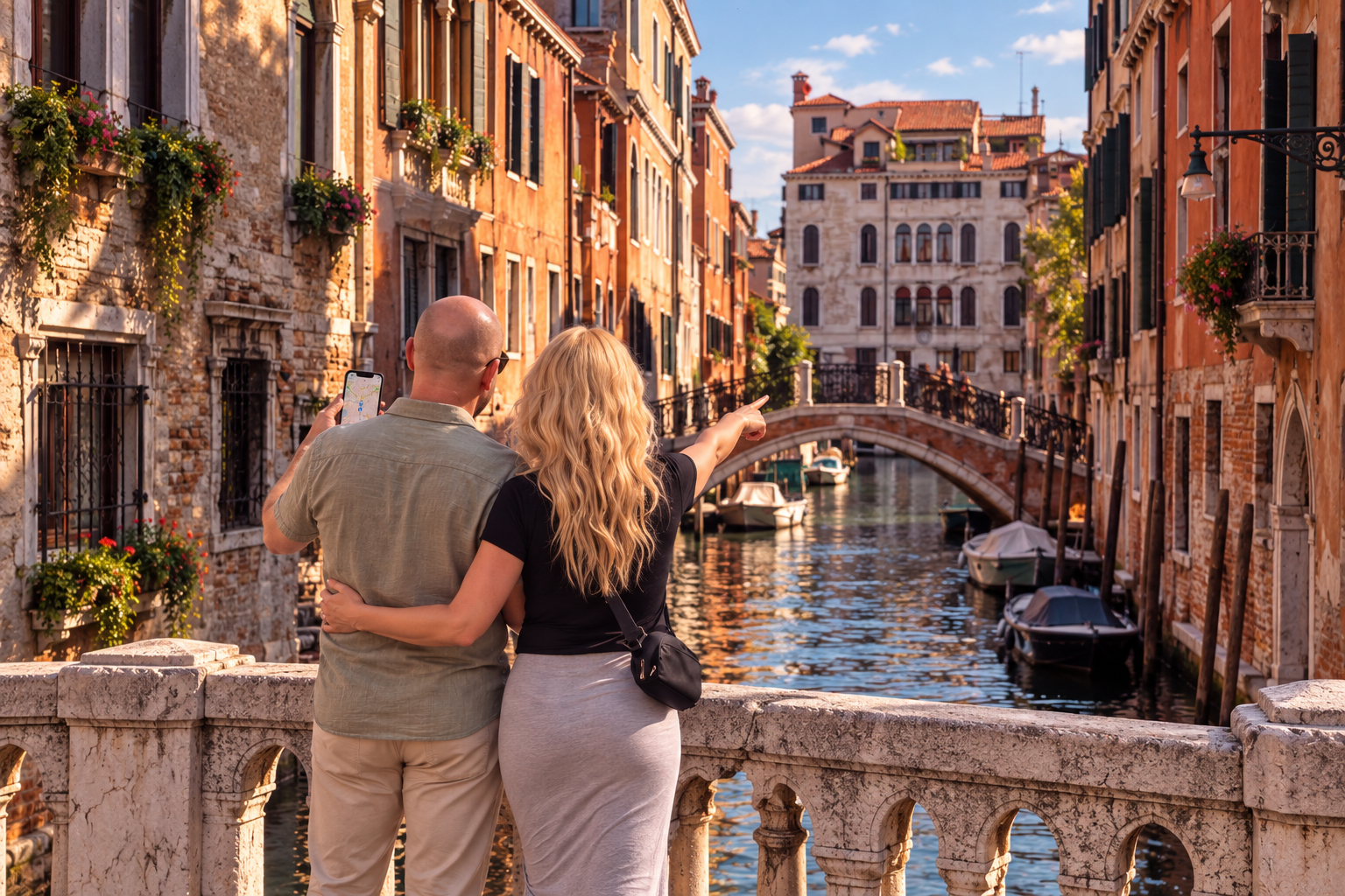 An imagined scene of a couple on a Venice bridge, facing the canal. The husband holds an iPhone while his wife points into the distance with her right arm and wraps her left arm around his waist.